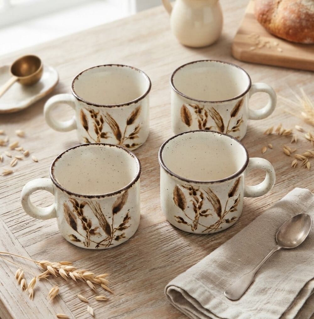 Midwinter Stonehenge Wild Oats Mugs Set of 4 Vintage 1970s Stoneware Mugs